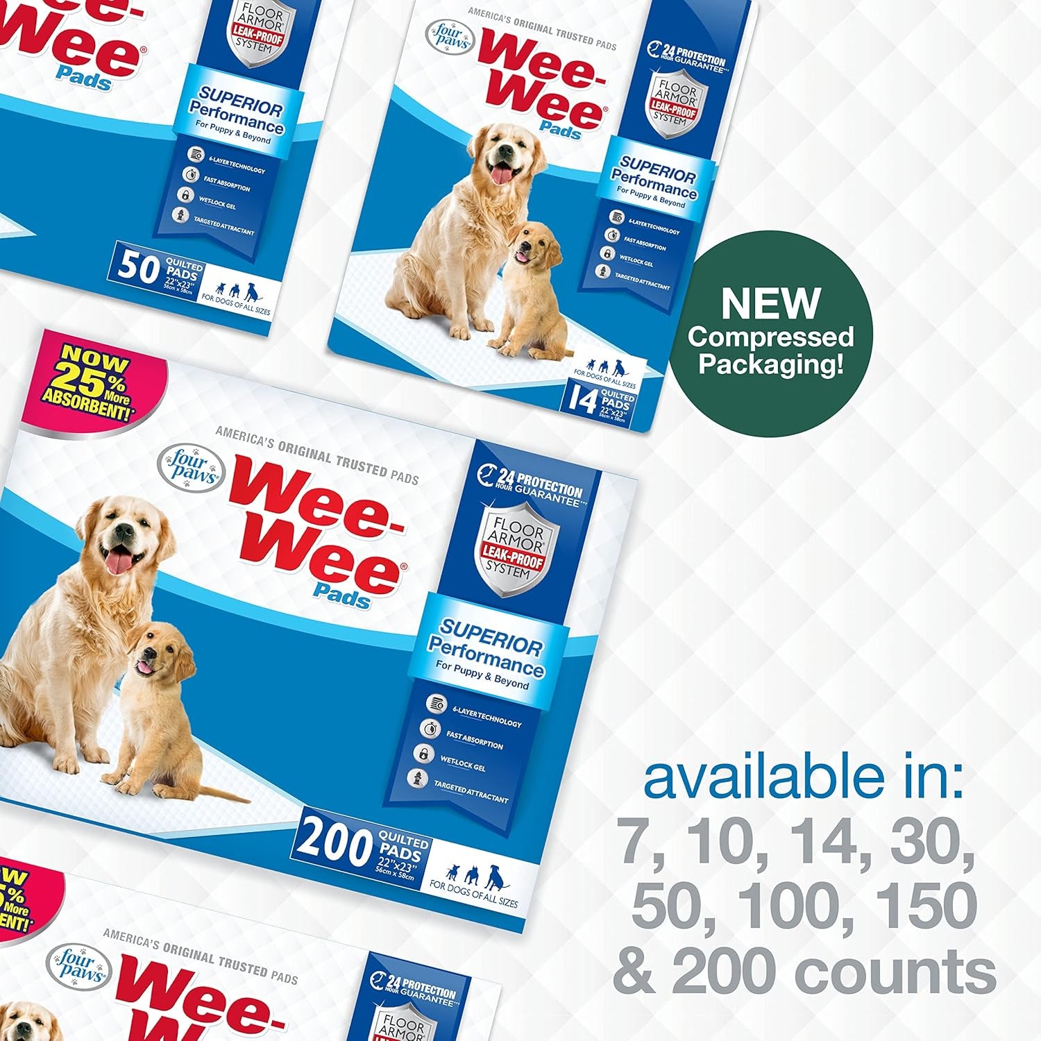 Wee-Wee Superior Performance Unscented Pee Pads for Dogs & Puppies, Quilted Leak-Proof Dog Housebreaking Potty Training Floor Protection, 22" X 23", 200 Count