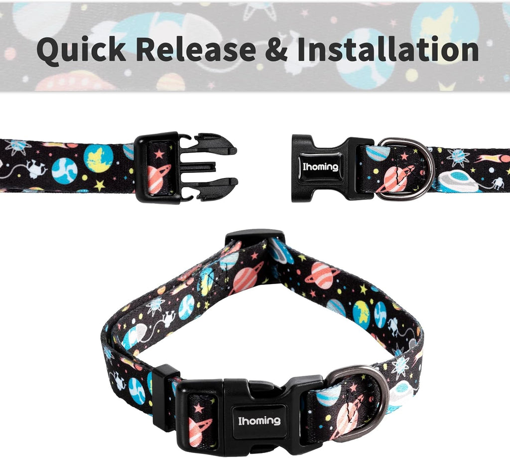 Dog Collar and Leash Set for Daily Outdoor Walking Running Training, Space Design for Small Boys Girls Dogs Cats Pets, S-Up to 20LBS