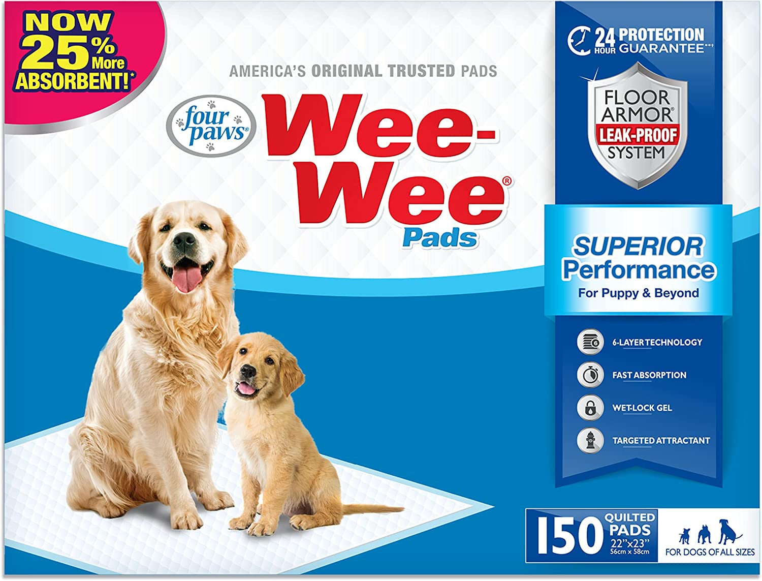 Wee-Wee Superior Performance Unscented Pee Pads for Dogs & Puppies, Quilted Leak-Proof Dog Housebreaking Potty Training Floor Protection, 22" X 23", 200 Count